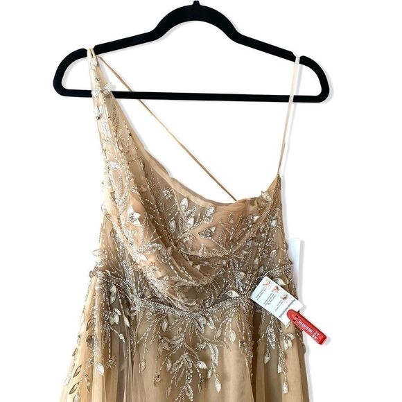 Mac Duggal 11210 gown Nude tulle asymmetrical dress beaded slit $598 New 10 - Picture 9 of 16